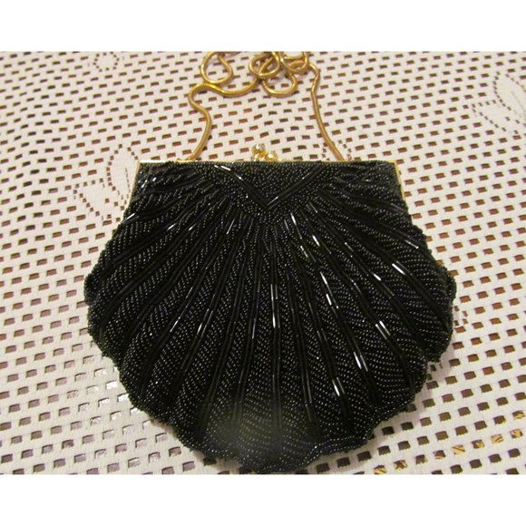 Retro Vintage Black Satin Beaded Clamshell Evening Clutch/Purse/Hand Bag - Picture 7 of 9